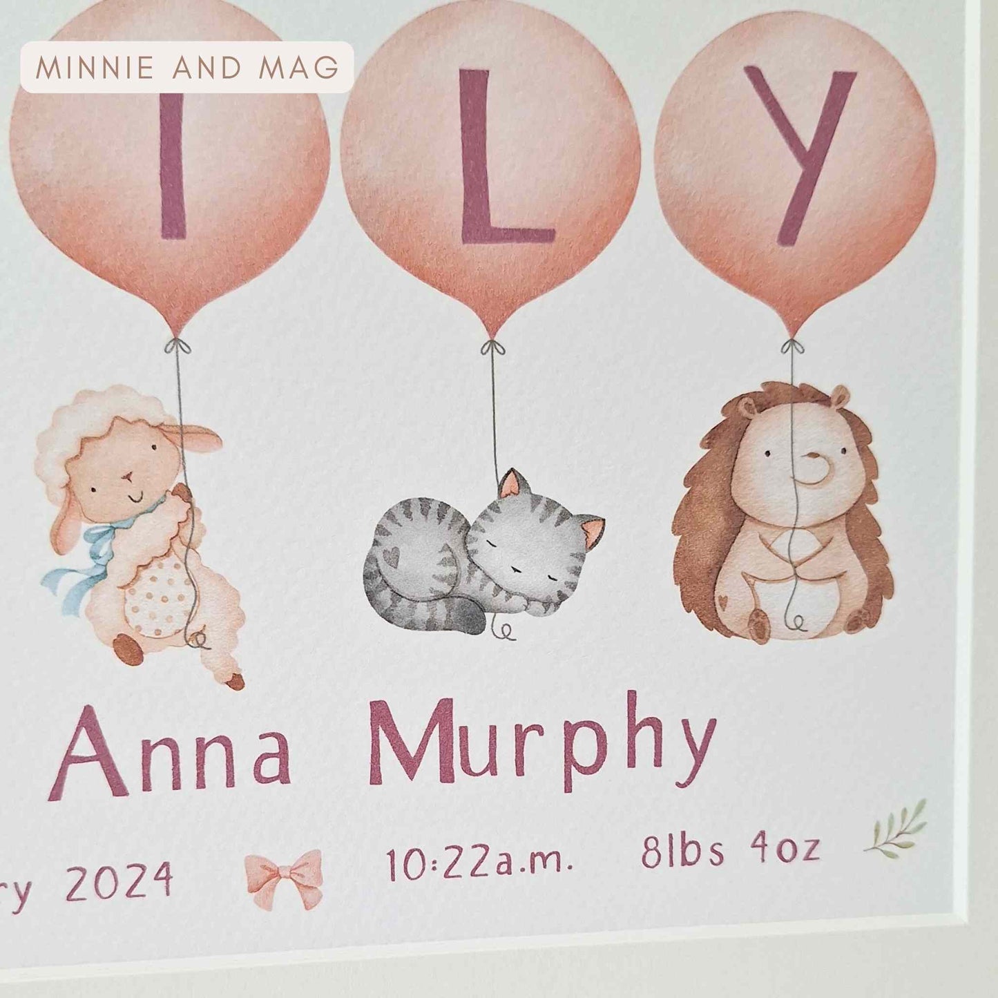 Baby Girl Name Print with Personalised Pink Balloons