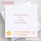 Back of Personalised Baby Girl Birth Stats Greeting Card. Front of card shows birth details and back of card has wording from sender. Card is made in Ireland