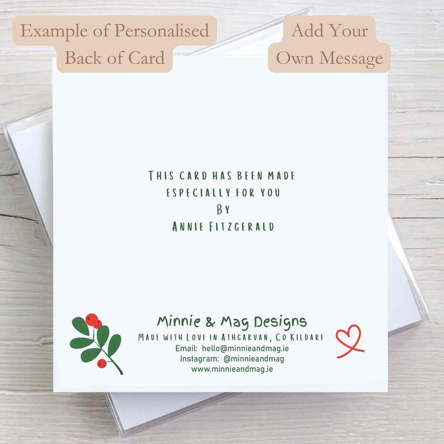 Back of Personalised Christmas card where you can add your own personal message.