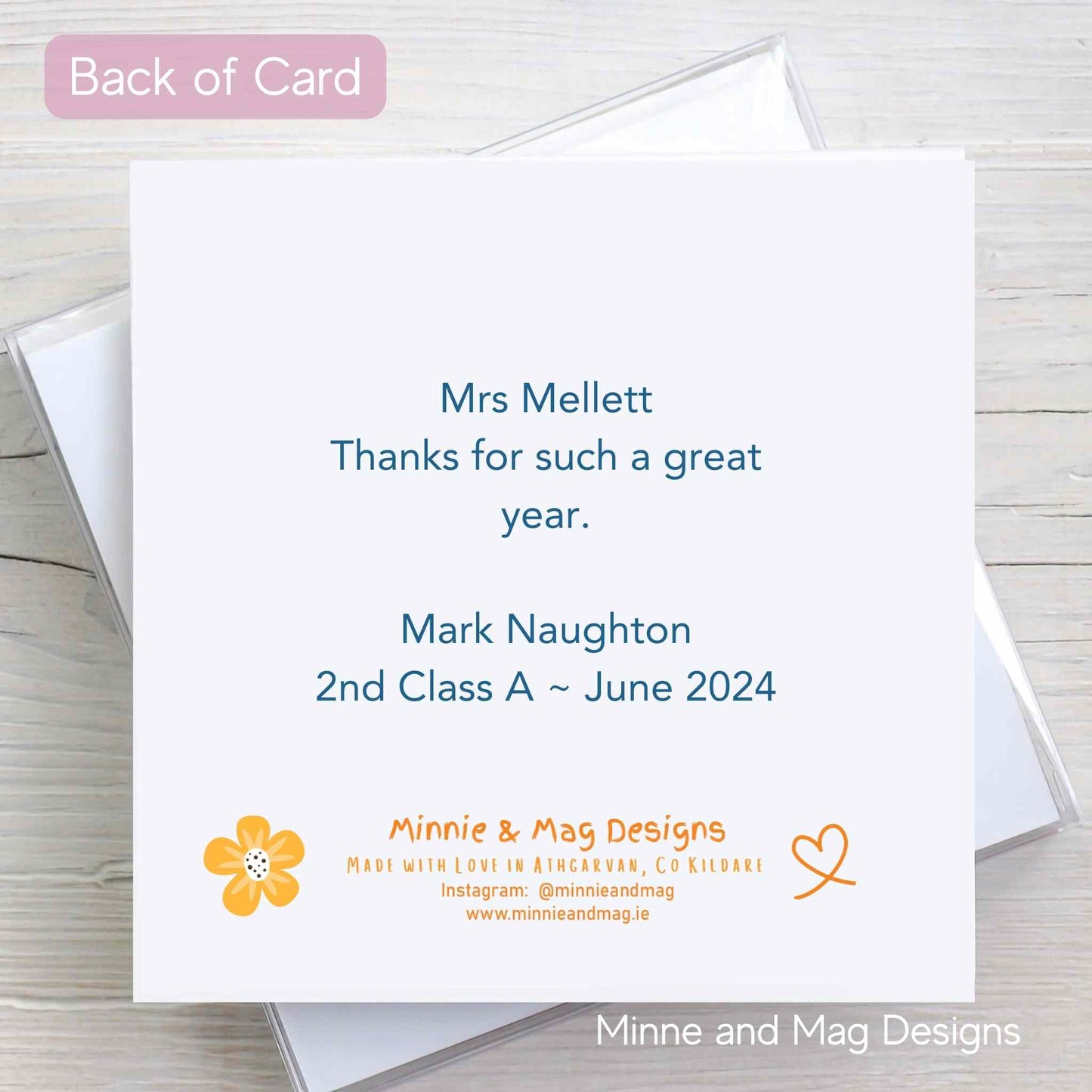 Back of Colourful Personalised Thank You Teacher Card