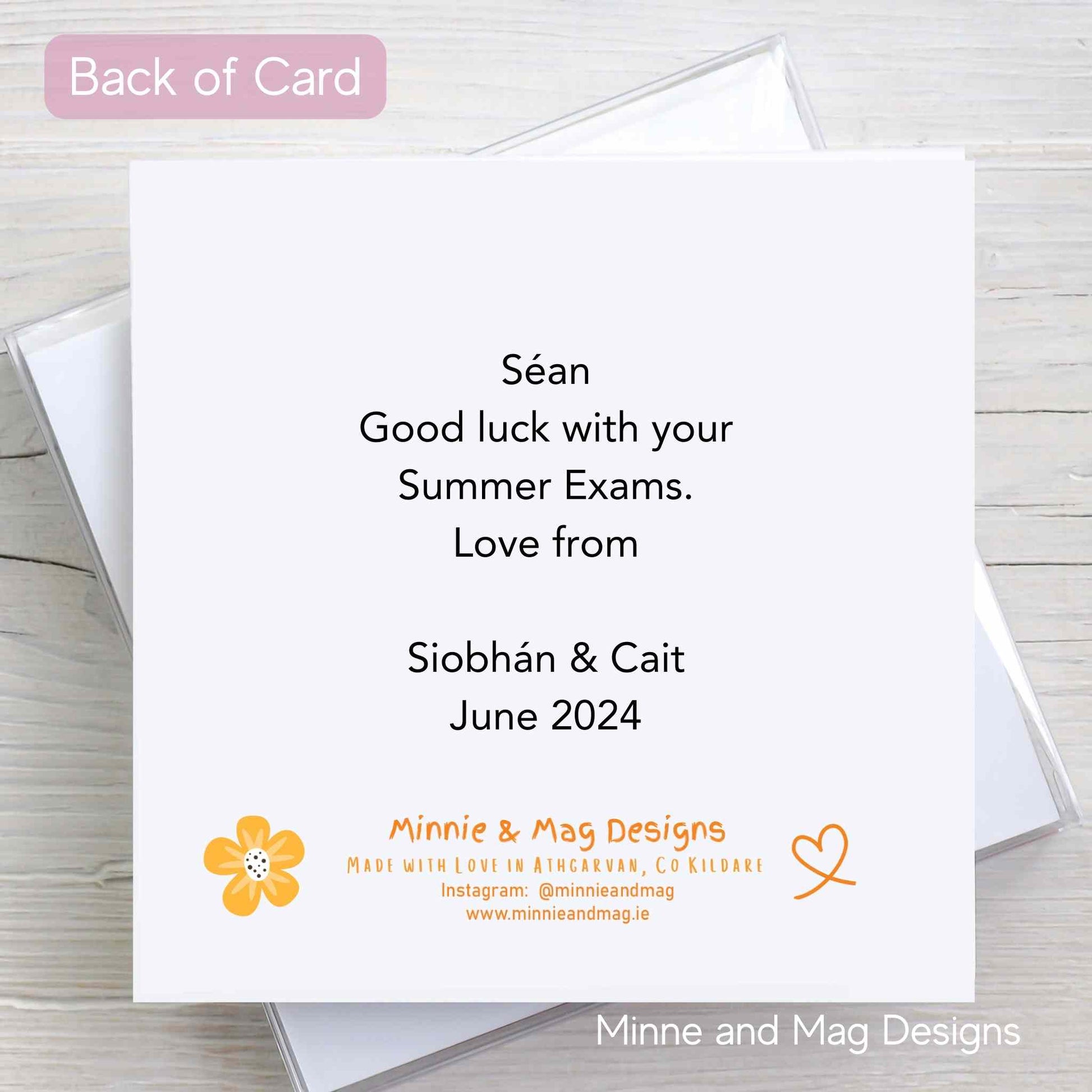Back of Irish Good Luck Card Personalised as gaeilge 