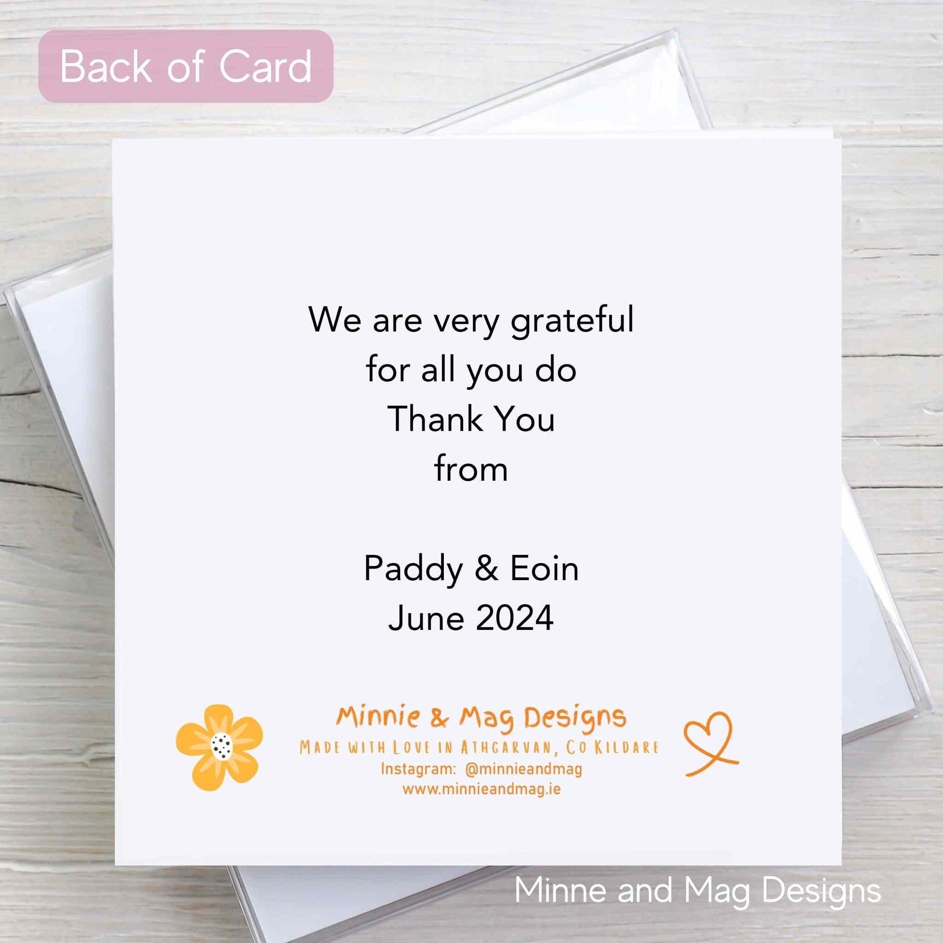 Back of Personalised Thank You card for Sports Coach, Montessori Teacher, Playschool or Creche staff. Blue Background