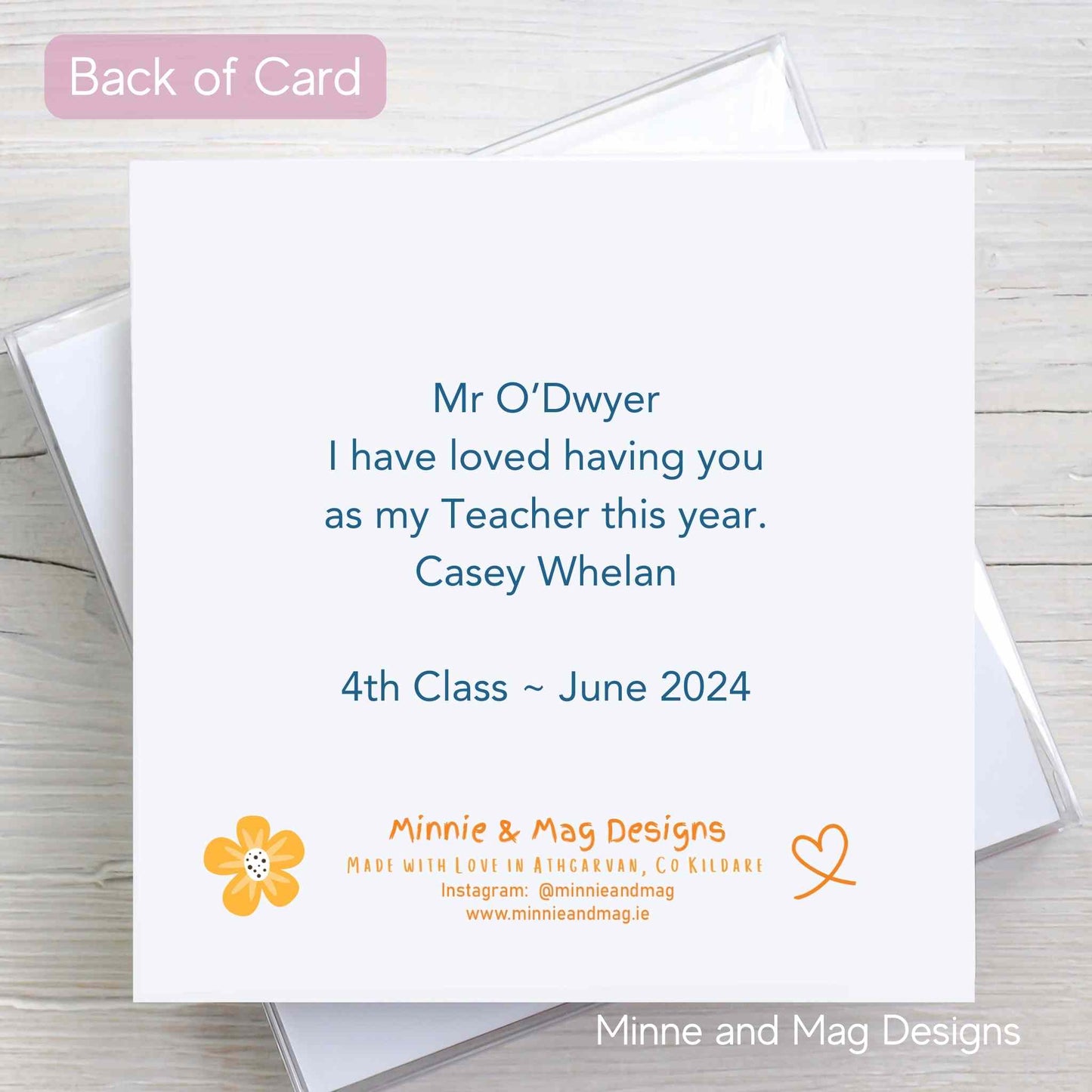 Back of Personalised Thanks Teacher card