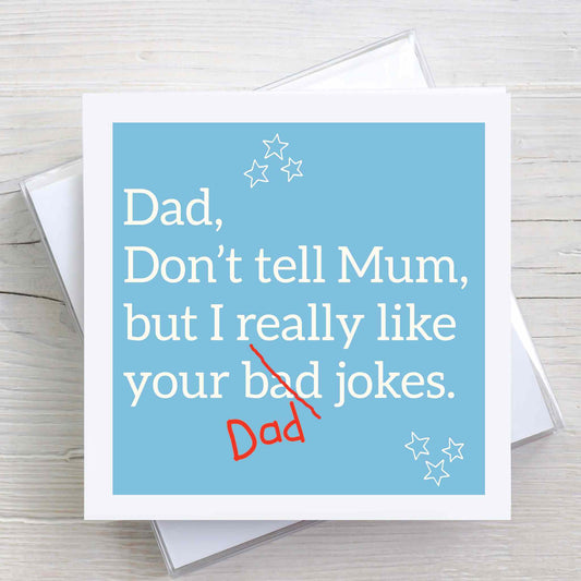 Fathers day card with fun Dad Bad Jokes text on the front, finished in a lovely blue background