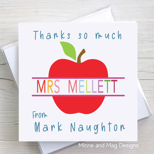 Colourful Personalised Thank You Teacher Card with Teachers Apple Illustration