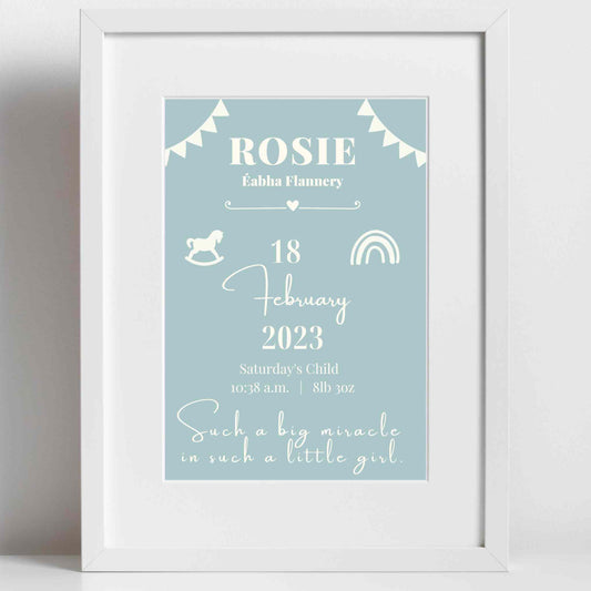 Personalised Framed Print with duck egg background featuring baby or child's name, date of birth, time of birth and weight. Nursery décor details finish this design.