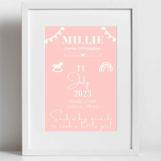 Personalised Framed Print with pink background featuring baby or child's name, date of birth, time of birth and weight. Nursery décor details finish this design.