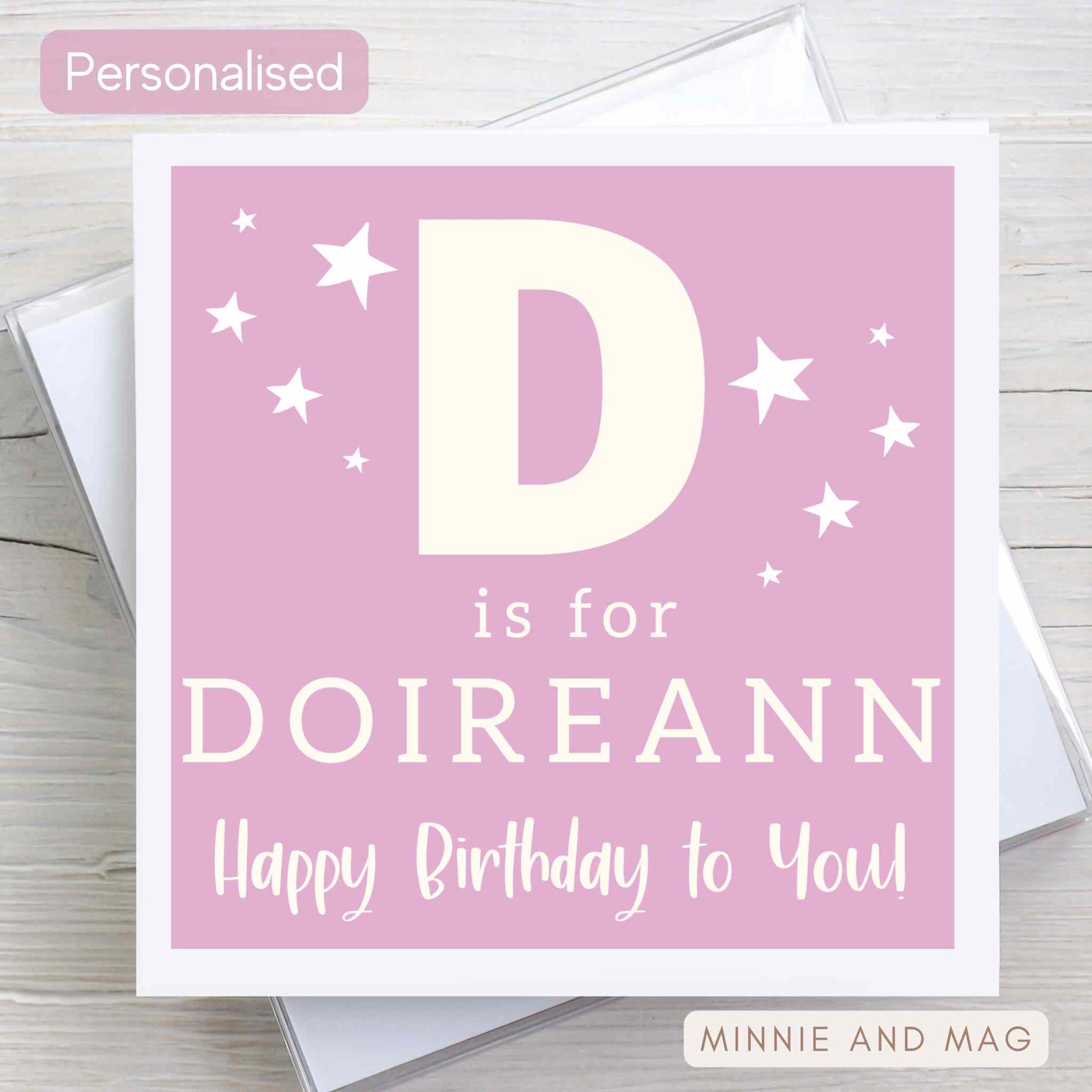 Pink Personalised Birthday card for a girl. Features girl's name and initial on front of card.