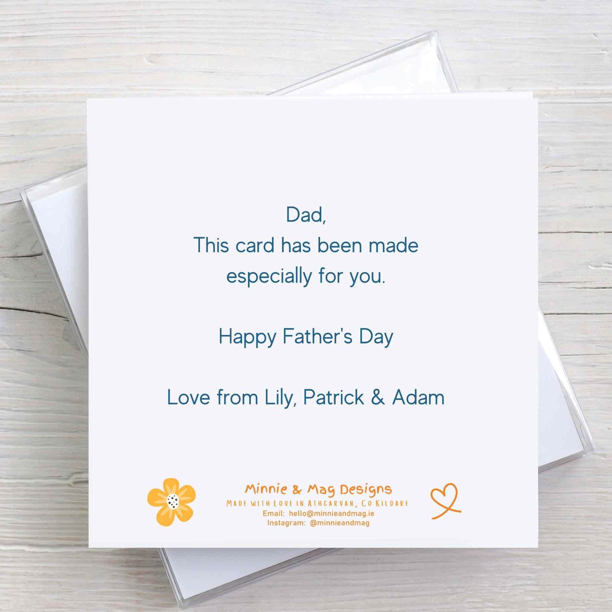 Personalised back of Happy Father's Day Card. Front of card has a polka dot blue on navy style. 
