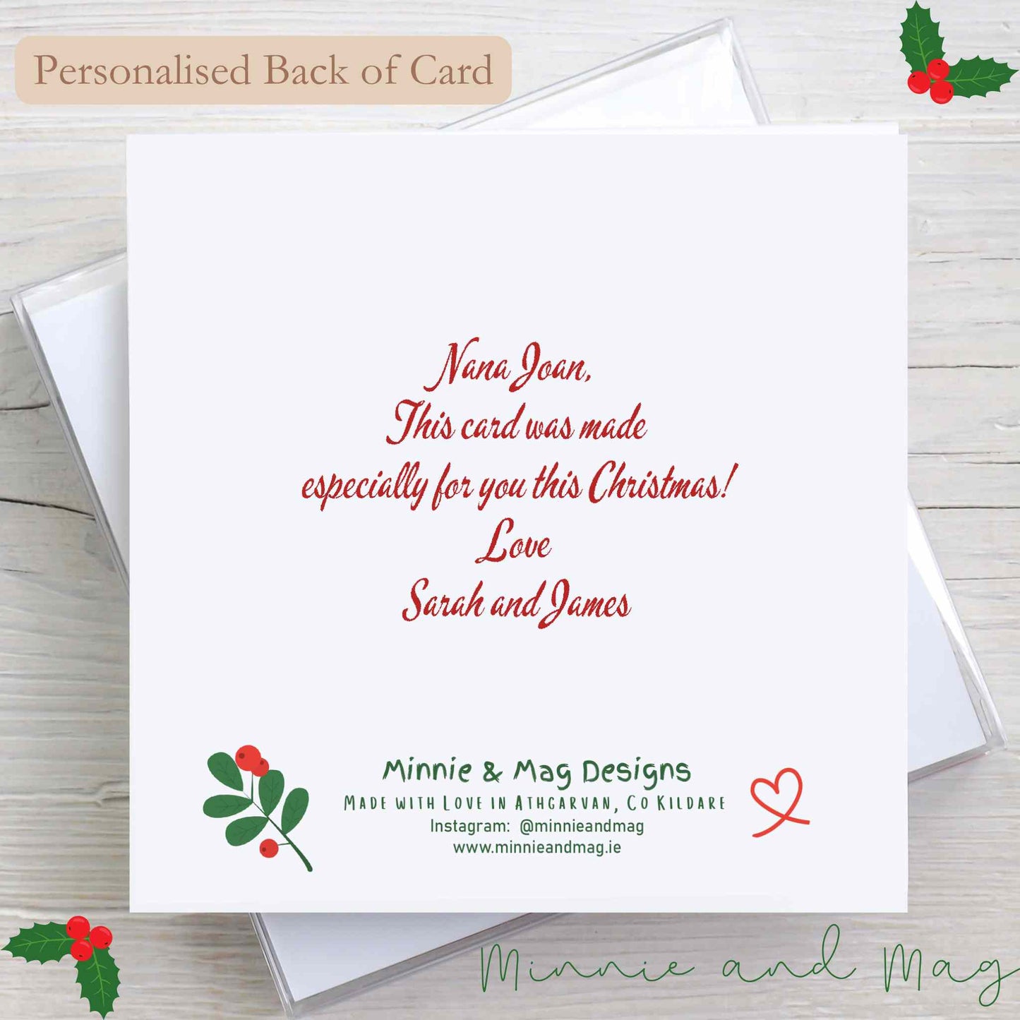 Personalised back of Personalised Christmas card featuring names 