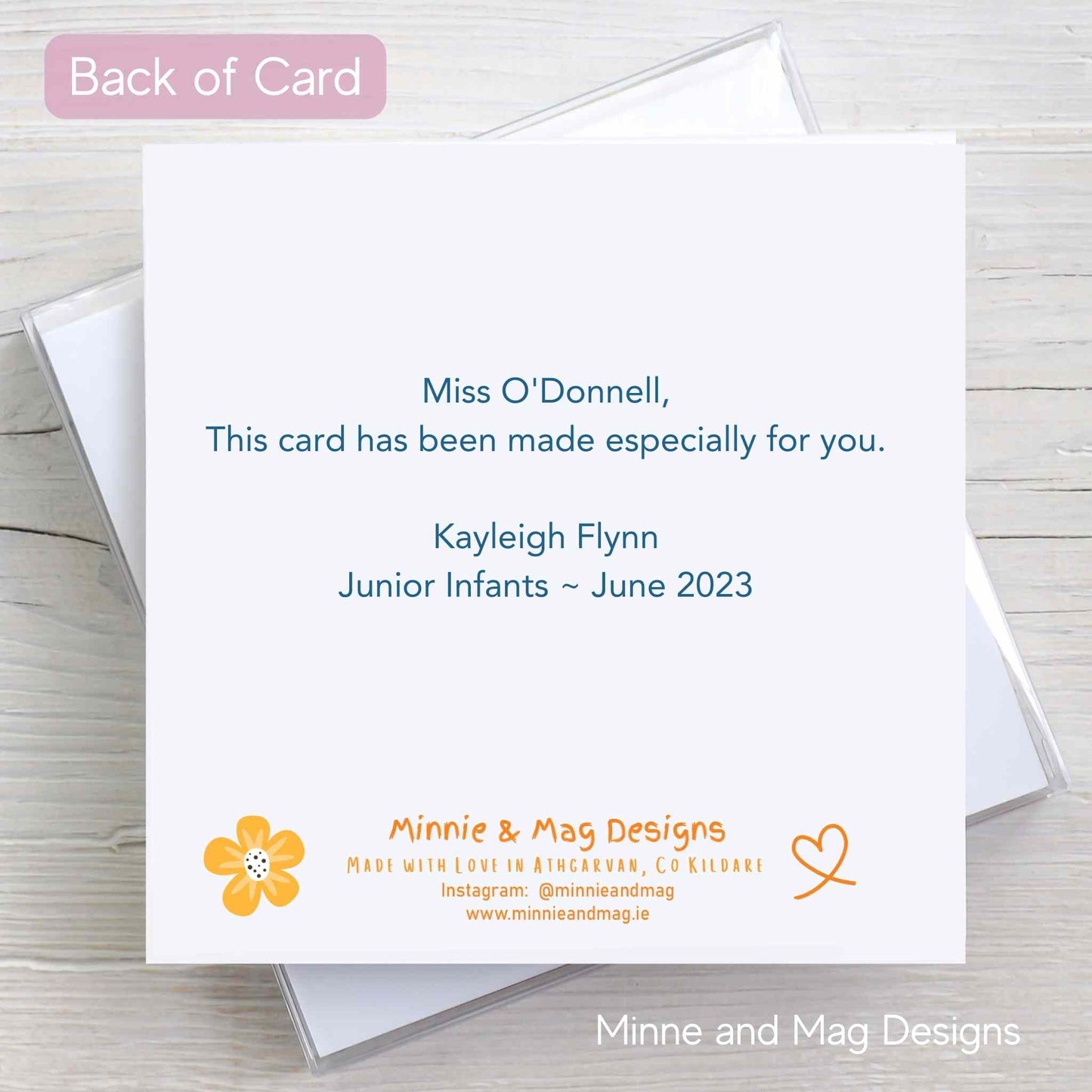 Back of Personalised Teacher Thank You Card with Teacher’s Name and Child’s name.