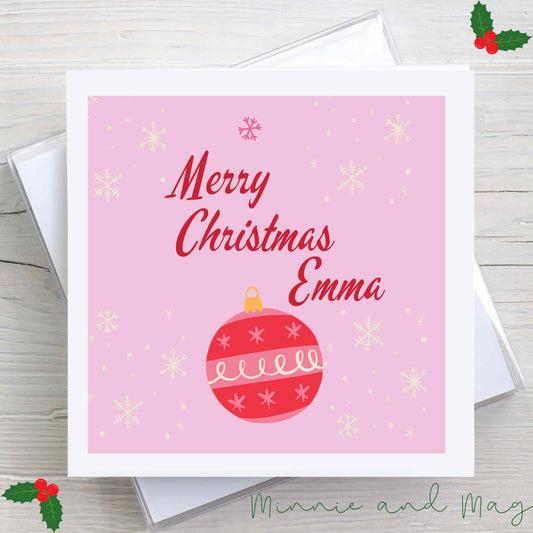 Personalised Pink Bauble Christmas Card