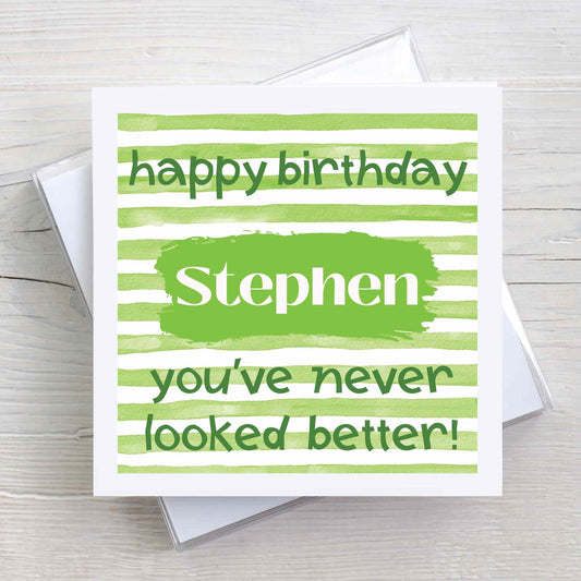 Personalised Candy Stripe Green Birthday Card