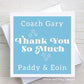 Personalised Thank You card for Sports Coach, Montessori Teacher, Playschool or Creche staff. Blue Background
