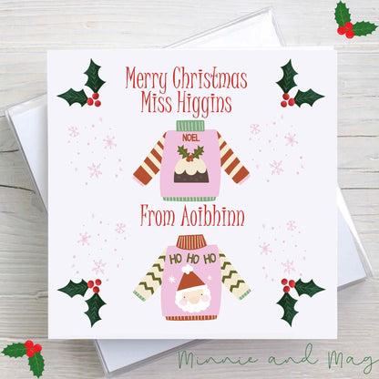 Personalised Christmas card with a Female Teacher and Female Child