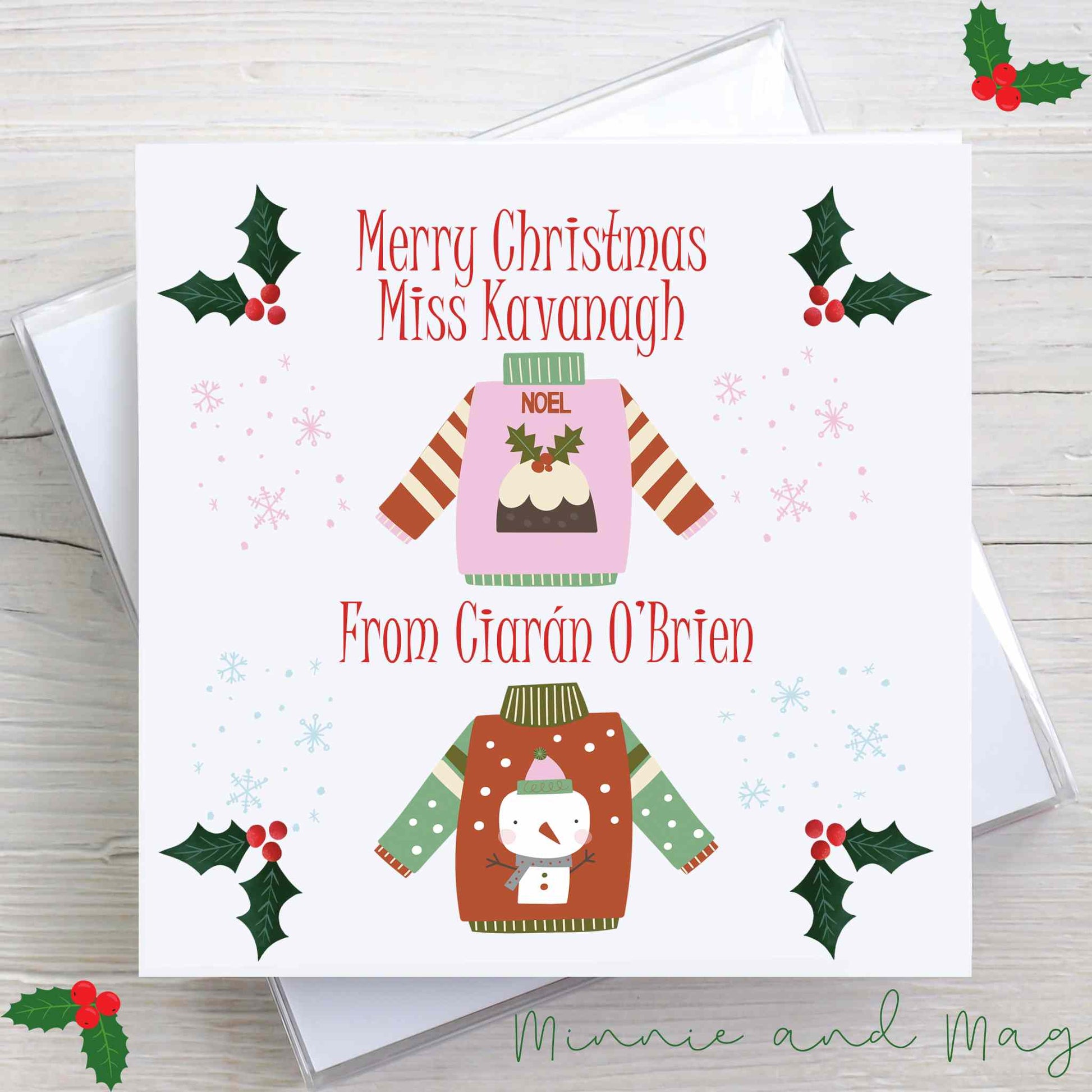 Personalised Christmas card with a Female Teacher and Male Child