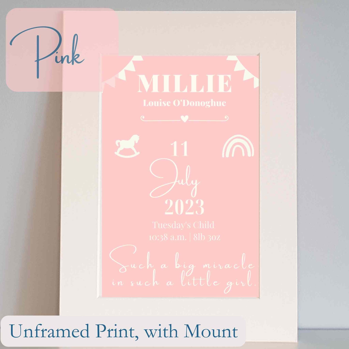 Personalised Print with pink background featuring baby or child's name, date of birth, time of birth and weight. Nursery décor details finish this design.