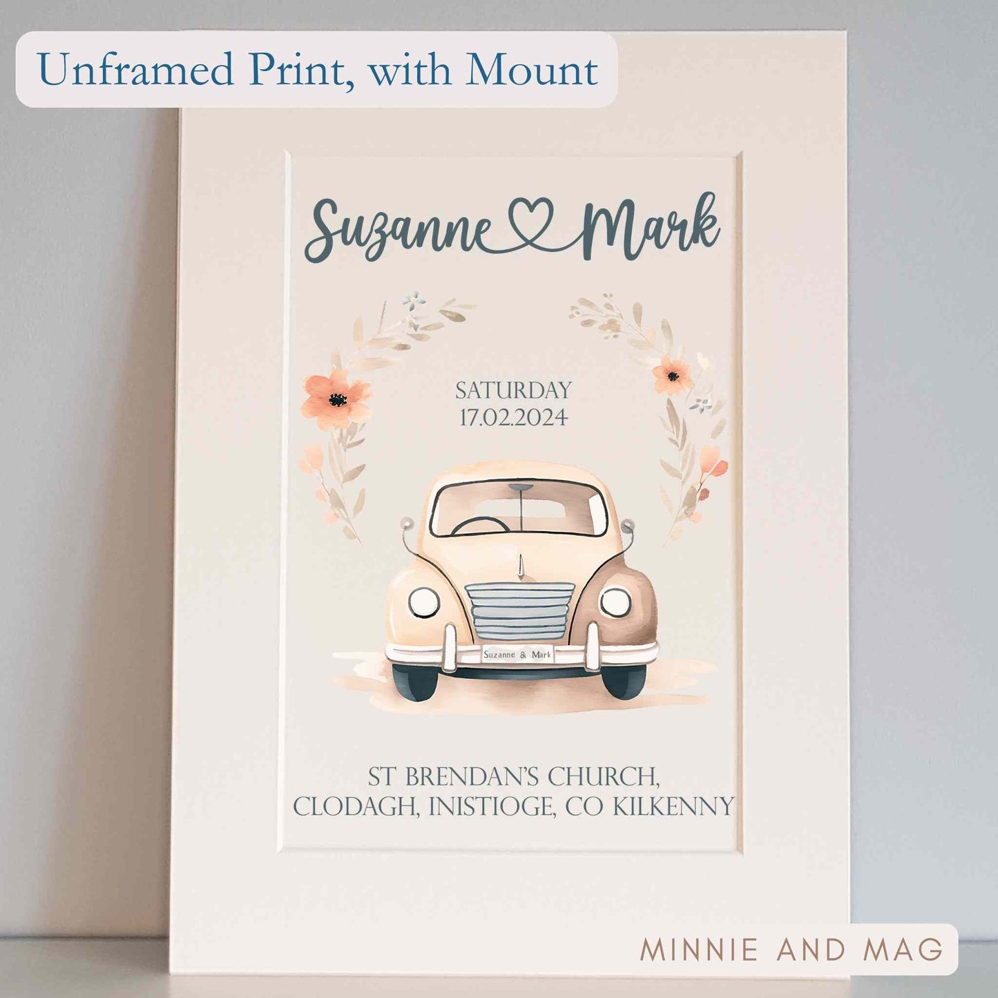 Personalised Just Married Wedding Car Illustration Print