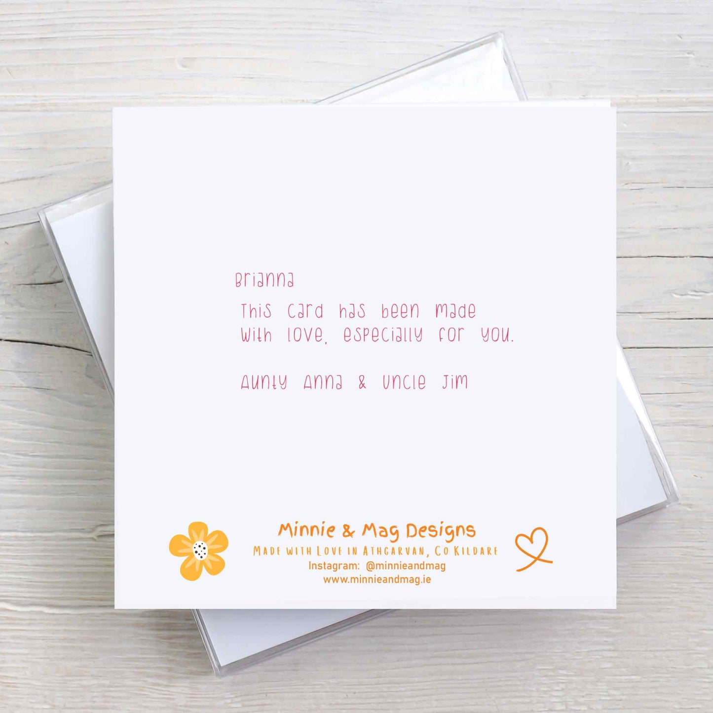 Personalised text on back of Welcome to the World baby greeting card. Pink colourway