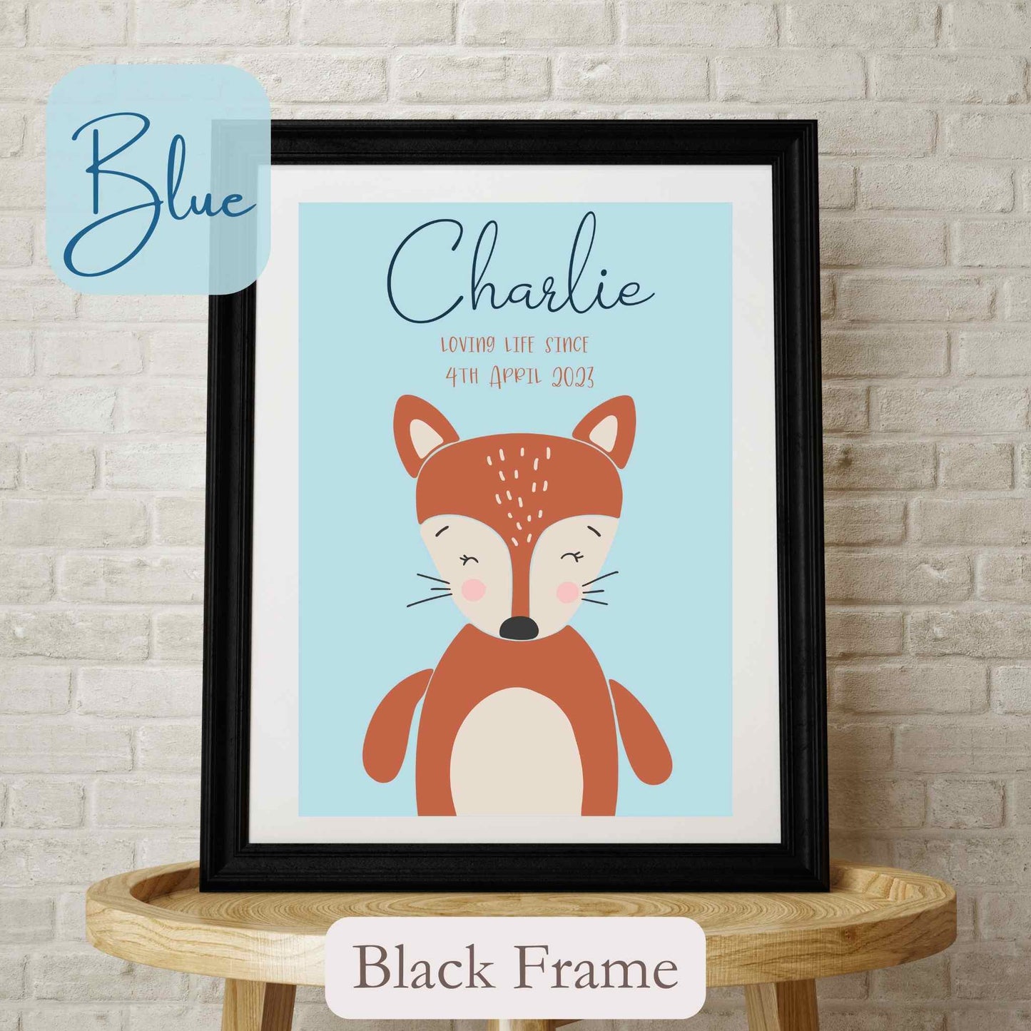 Personalised Framed Print with cute Fox, on blue coloured background with child’s name, and wording under name. Black Frame.