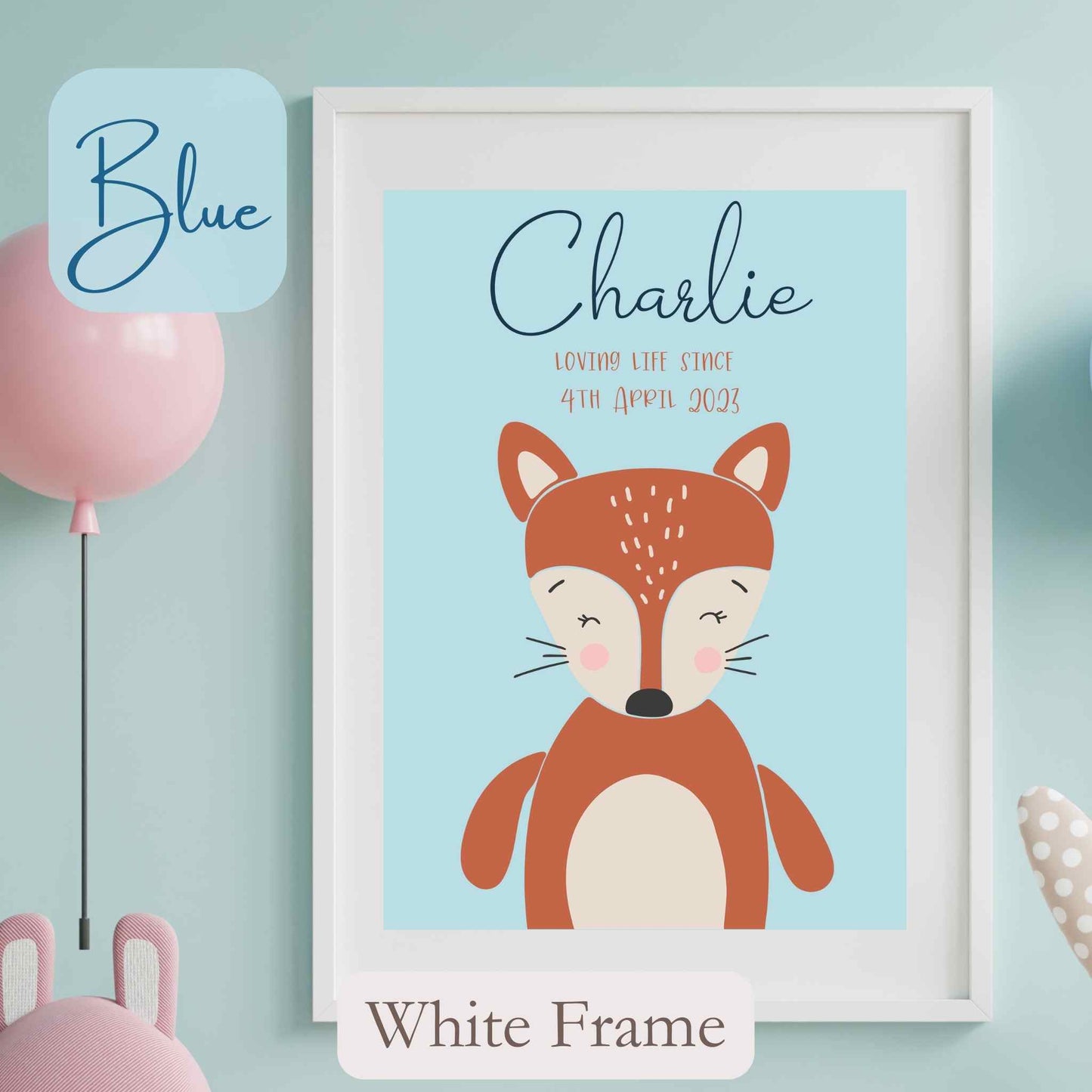 Personalised Framed Print with cute Fox, on blue coloured background with child’s name, and wording under name. White Frame.