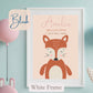 Personalised Framed Print with cute Fox, on blush coloured background with child’s name, and wording under name. White Frame.