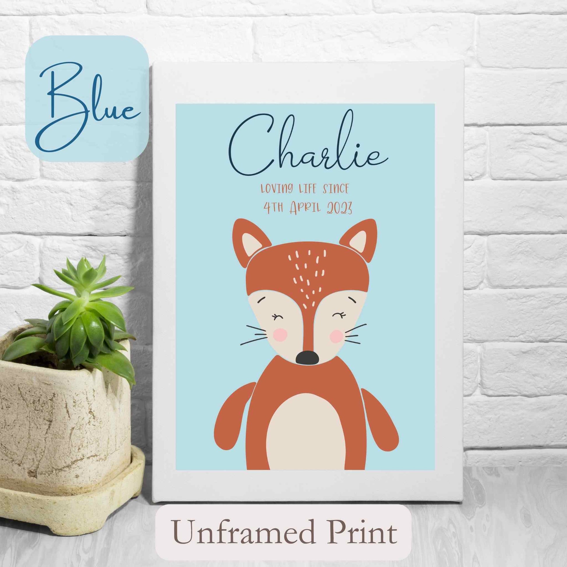 Personalised Unframed Print with cute Fox, on blue coloured background with child’s name, and wording under name.