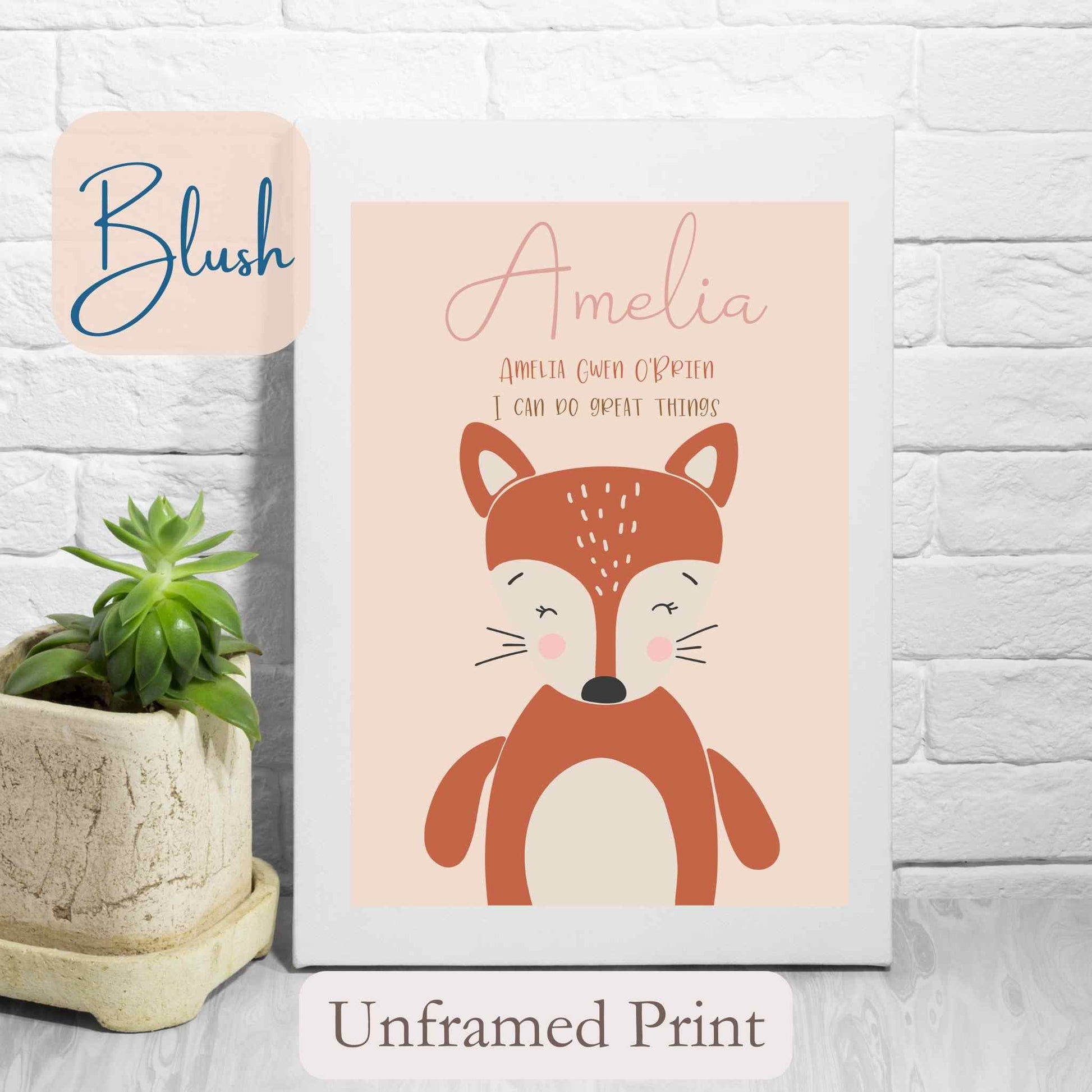 Personalised Unframed Print with cute Fox, on blush coloured background with child’s name, and wording under name.