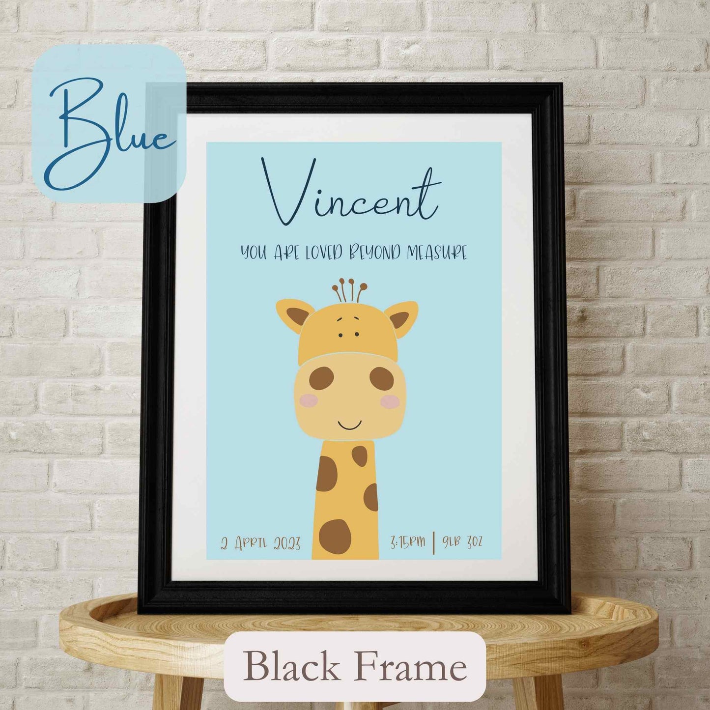 Personalised Framed Print with cute Giraffe, on blue coloured background with child’s name, and wording under name. Black Frame.