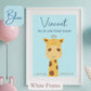 Personalised Framed Print with cute Giraffe, on blue coloured background with child’s name, and wording under name. White Frame.
