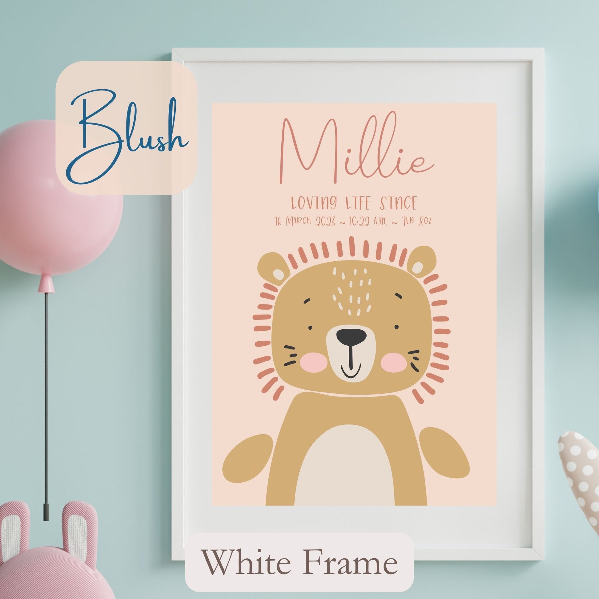 Personalised Framed Print with cute Lion, on blush coloured background with child’s name, and wording under name. White Frame.