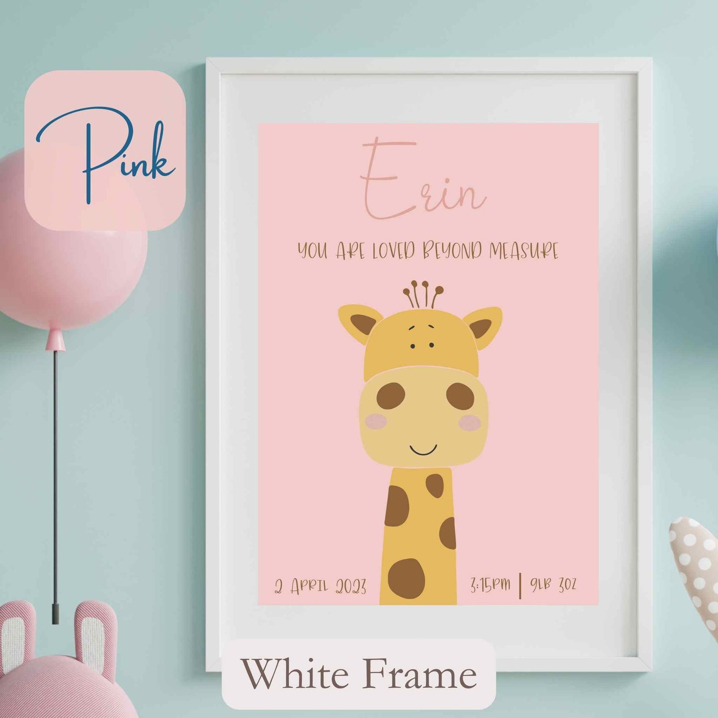 Personalised Framed Print with cute Giraffe, on pink coloured background with child’s name, and wording under name. White Frame.