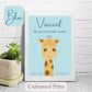 Personalised Unframed Print with cute Giraffe, on blue coloured background with child’s name, and wording under name.