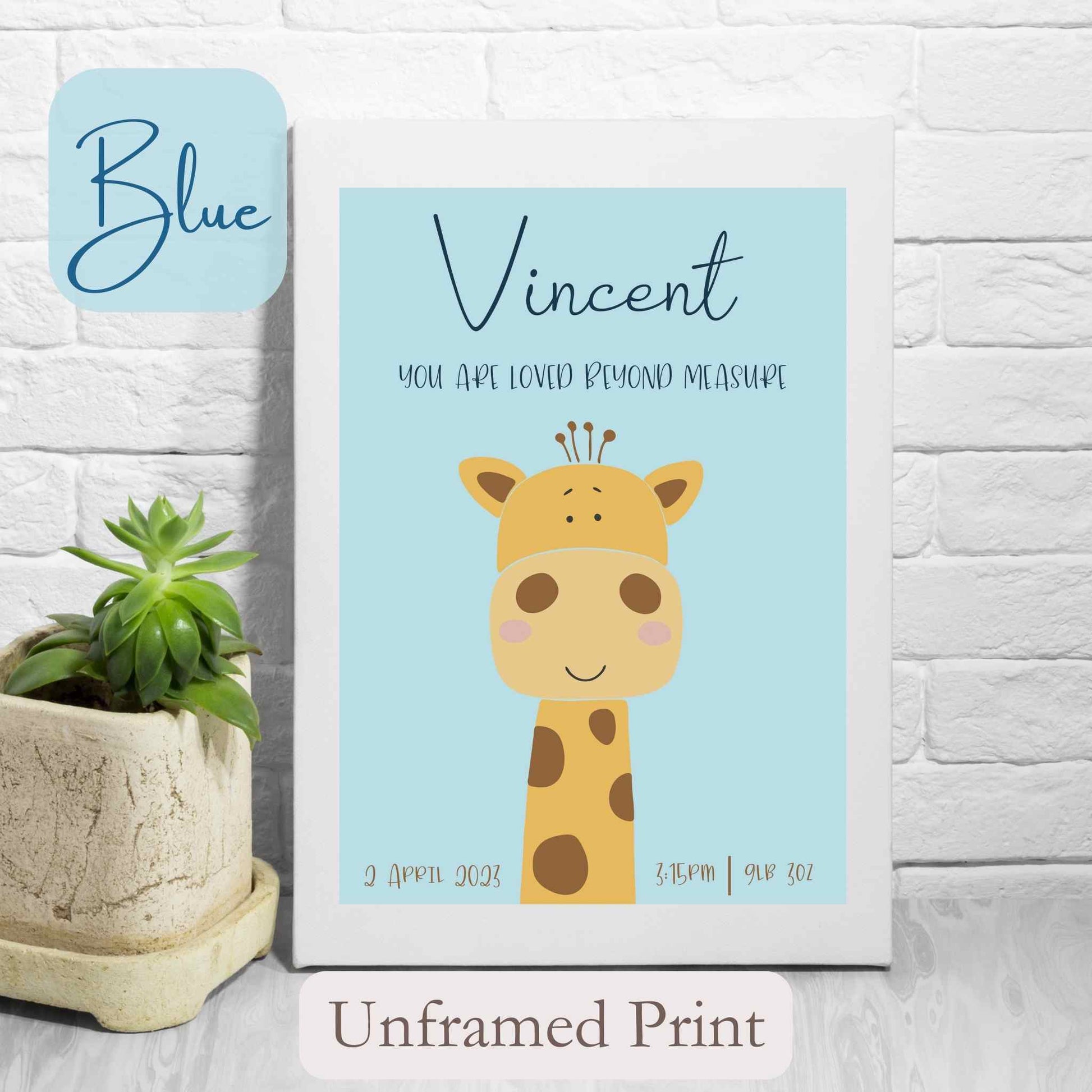 Personalised Unframed Print with cute Giraffe, on blue coloured background with child’s name, and wording under name.