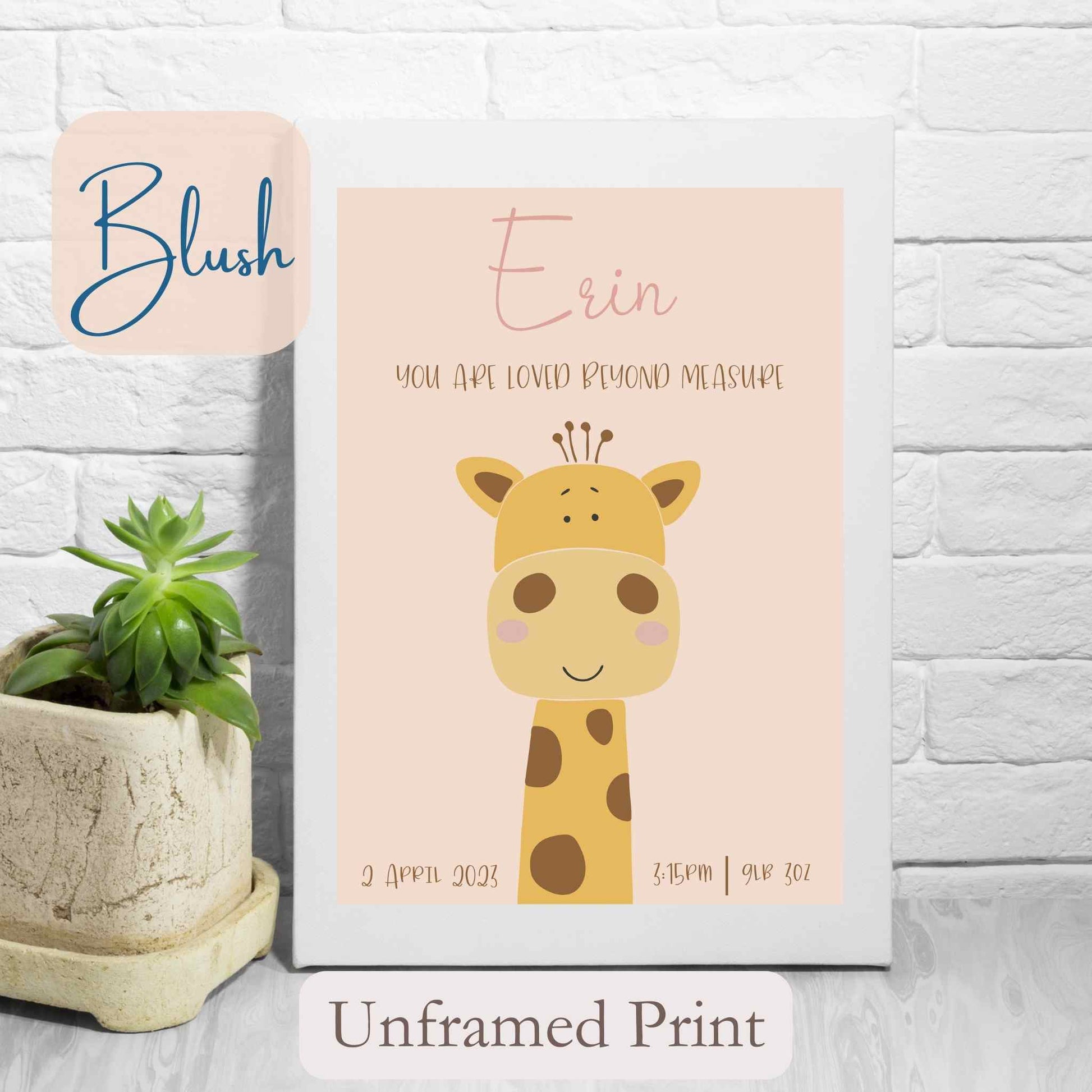 Personalised Unframed Print with cute Giraffe, on blush coloured background with child’s name, and wording under name.