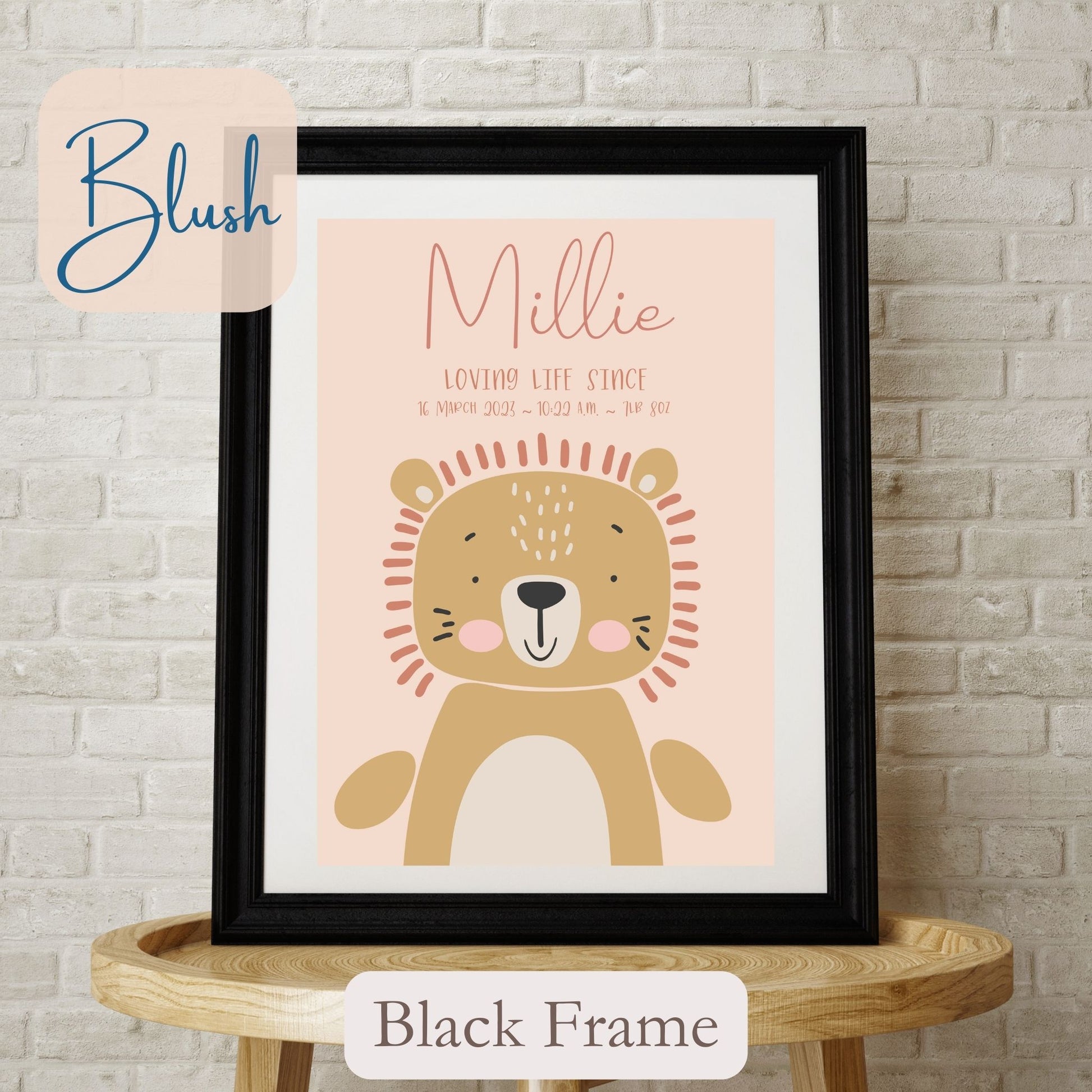 Personalised Framed Print with cute Lion, on blush coloured background with child’s name, and wording under name. Black Frame.