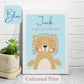 Personalised Unframed Print with cute Lion, on blue coloured background with child’s name, and wording under name.