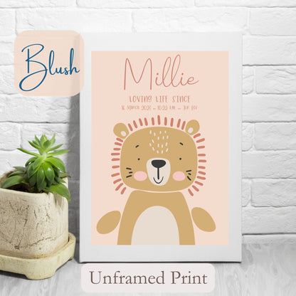 Personalised Unframed Print with cute Lion, on blush coloured background with child’s name, and wording under name.