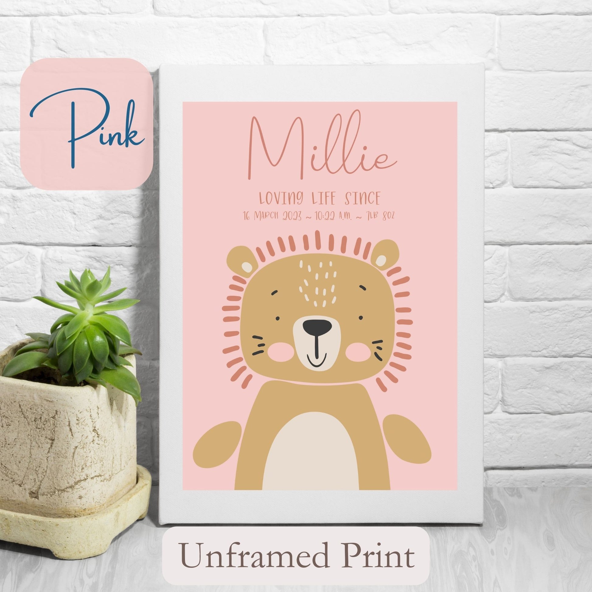 Personalised Unframed Print with cute Lion, on pink coloured background with child’s name, and wording under name.