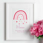 Personalised Framed Print with Pink Boho Rainbow, baby’s name, and short quote. White Frame