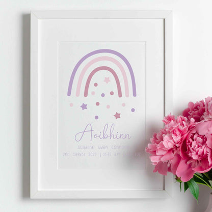 Personalised Framed Print with Purple Boho Rainbow, baby’s name, and birth details. White Frame