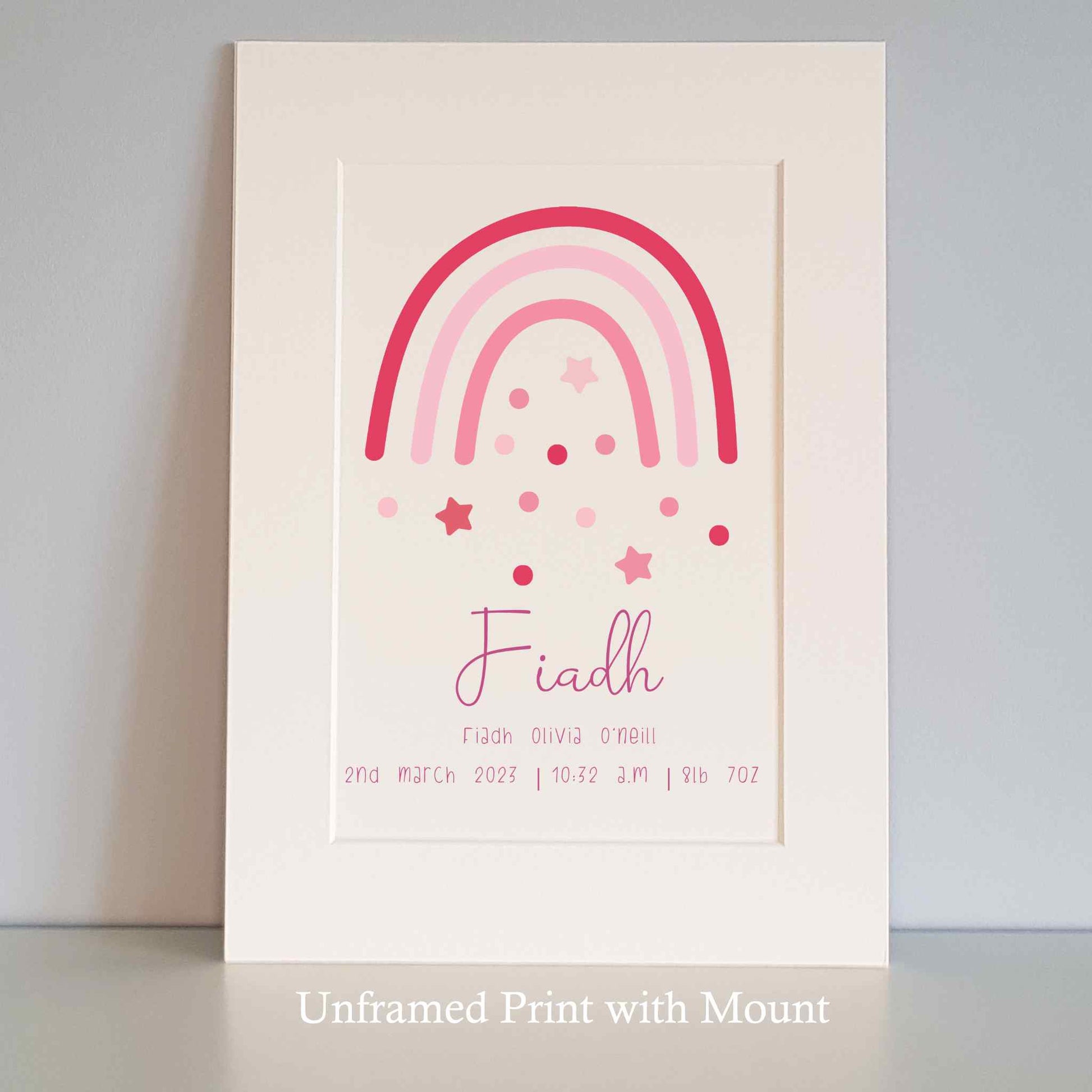 Personalised Unframed Print with Pink Boho Rainbow, baby’s name, and birth details. White mount surround.