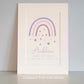 Personalised Unframed Print with Purple Boho Rainbow, baby’s name, and birth details. White mount surround.