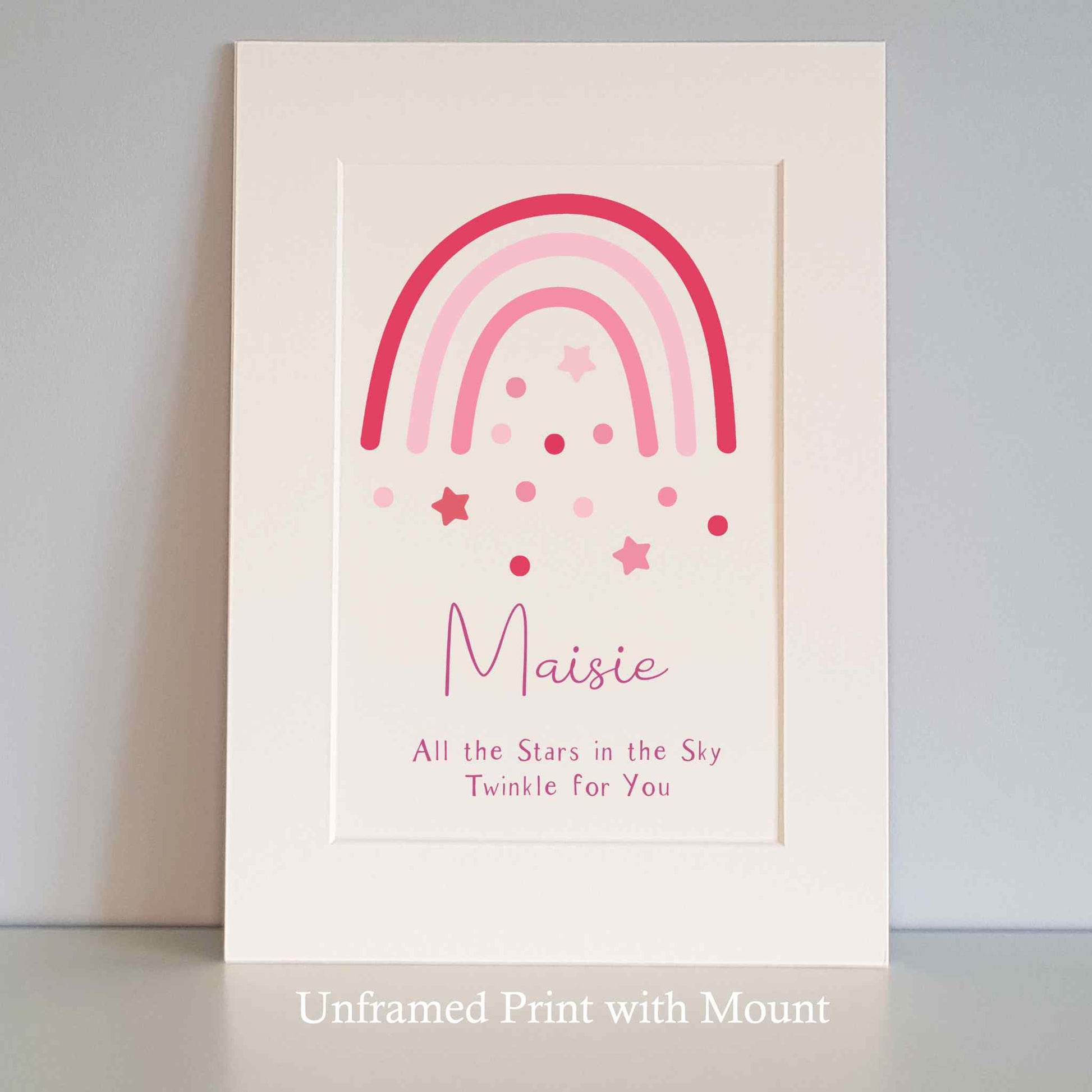 Personalised Unframed Print with large initial in Pink Leopard Print, child’s name and short quote. White mount surround.
