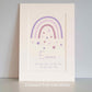 Personalised Unframed Print with Purple Boho Rainbow, baby’s name and short quote. White mount surround.