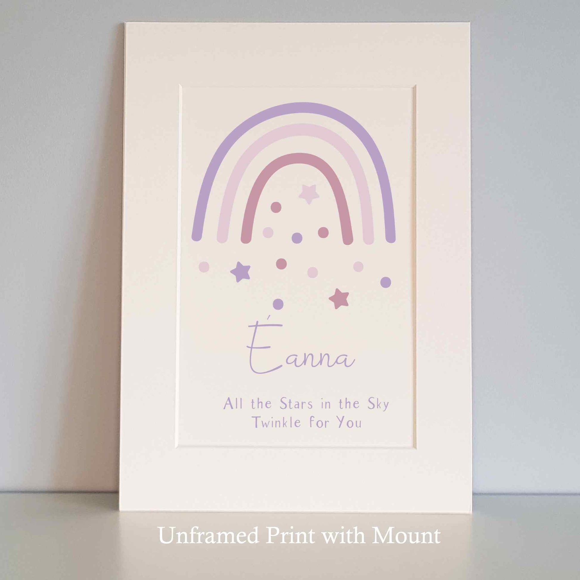 Personalised Unframed Print with Purple Boho Rainbow, baby’s name and short quote. White mount surround.